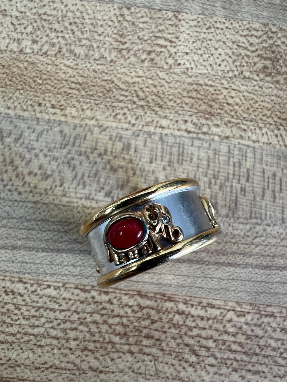 Gold & Silver Elephant Band Ring with Red Stone